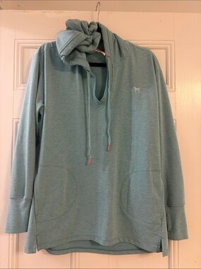 The Black Dog Light Aqua Hoodie with Coral Trim Accents